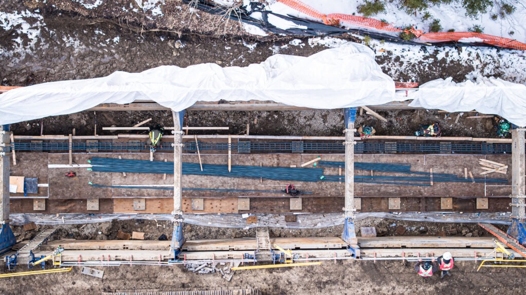 Aerial view of watermain construction along 111 Street in Edmonton.