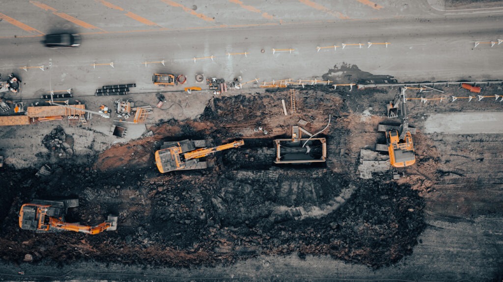 Aerial view of 900mm transmission main repair excavation at 17 Street and Sherwood Park Freeway in Edmonton