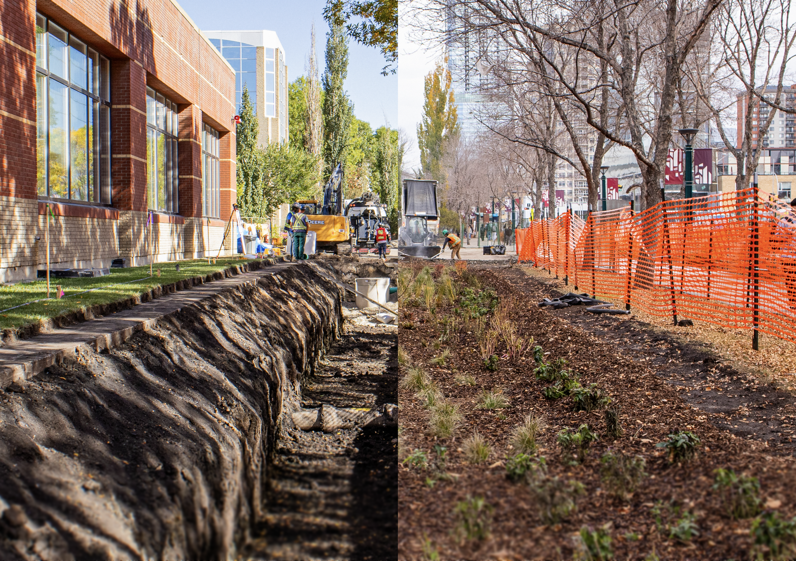 Before and after view of the MacEwan LID Project showing progress from September to October 2024
