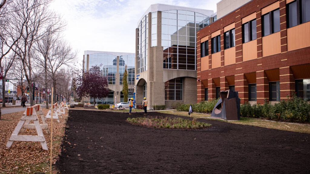 Completed construction area with final grading and crew planting new vegetation