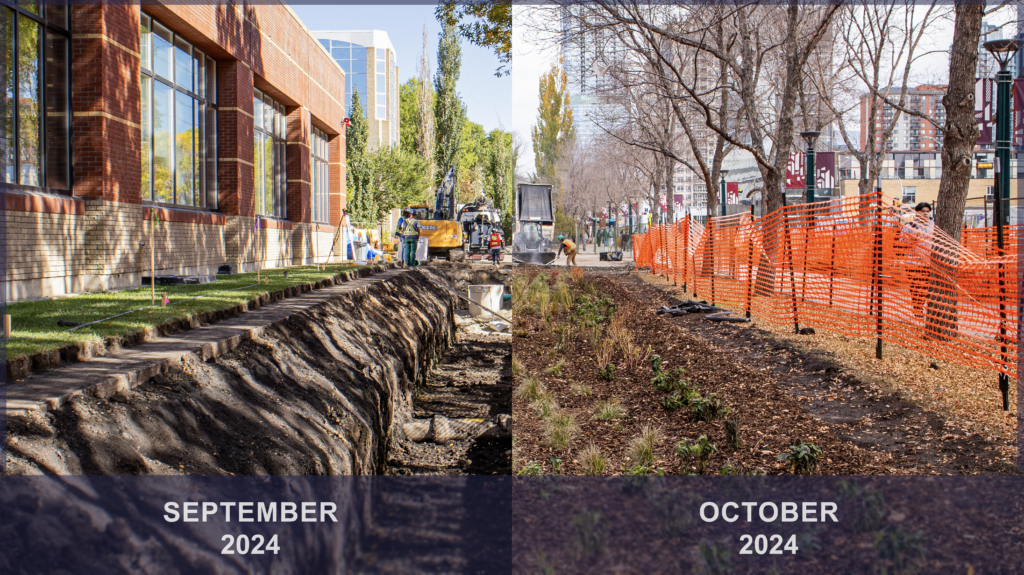Before-and-after view of the MacEwan University LID Project in Edmonton showing active construction transitioning to a completed landscaped site