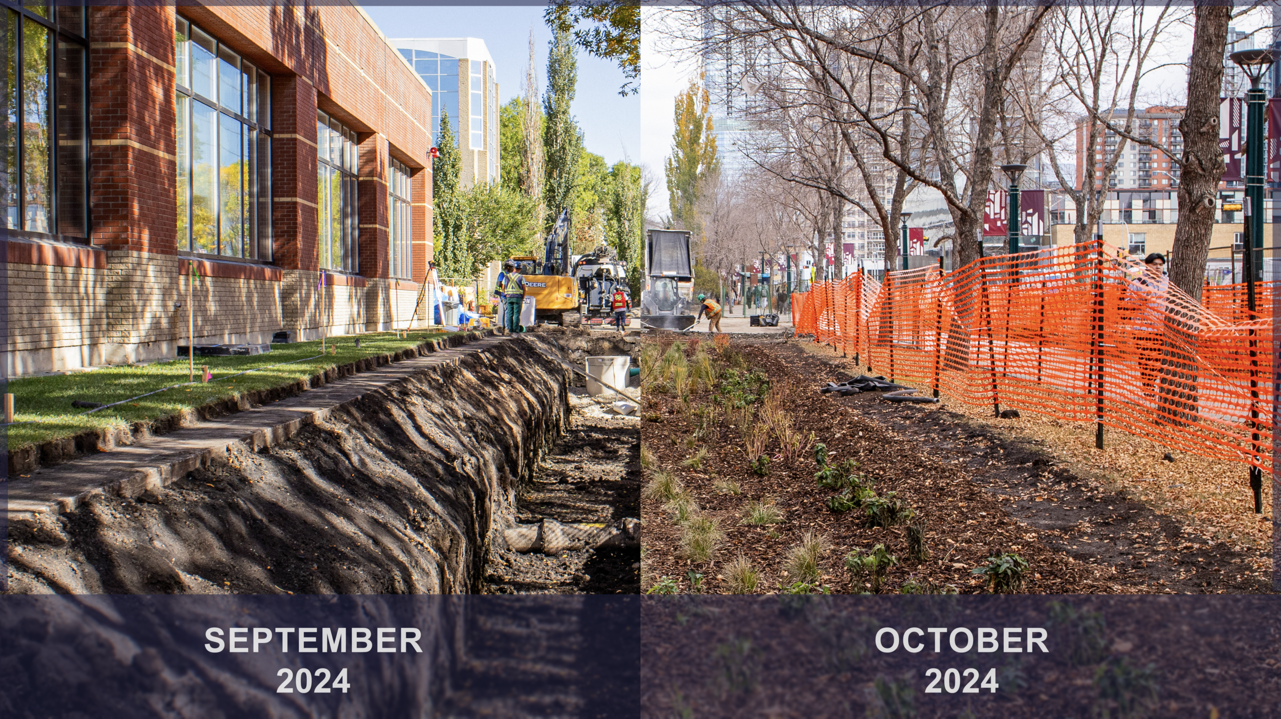 Before-and-after view of the MacEwan University LID Project in Edmonton showing active construction transitioning to a completed landscaped site